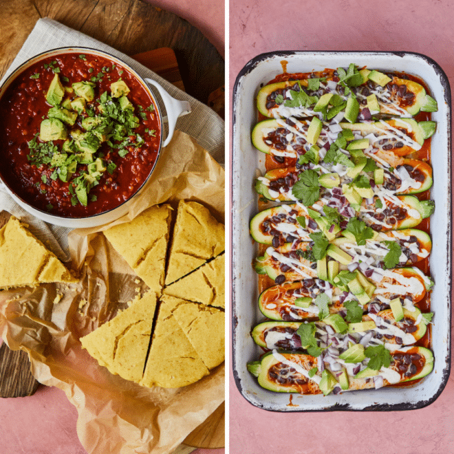 Zwei Abendessen mit schwarzen Bohnen 2 Zwei Abendessen mit schwarzen Bohnen – Enchilada-Zucchiniboote und vegetarisches Chili mit veganem Maisbrot