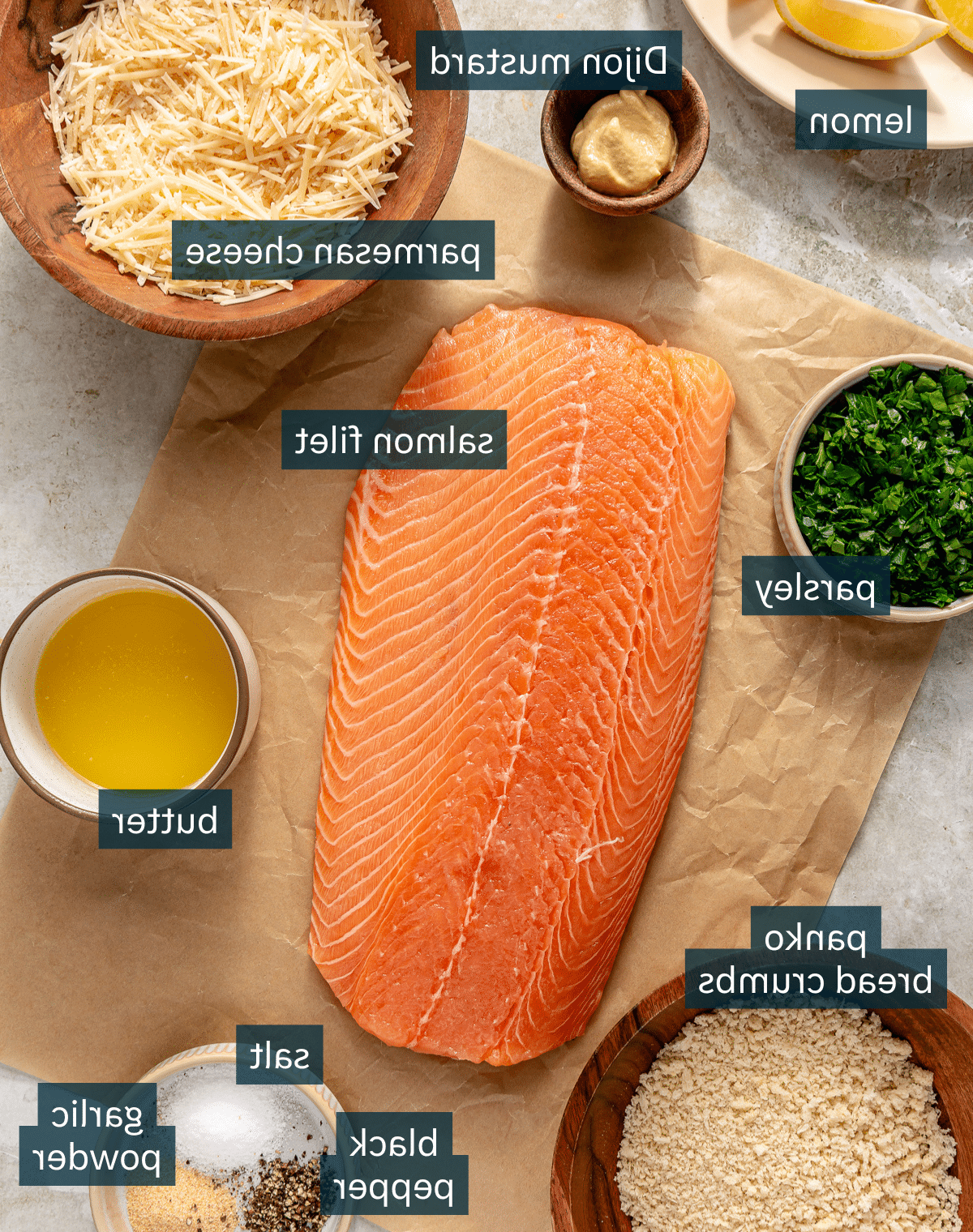 Lachs mit Parmesankruste 3 Alle Zutaten für den Parmesan-Lachs, sauber arrangiert auf einem Holztisch.