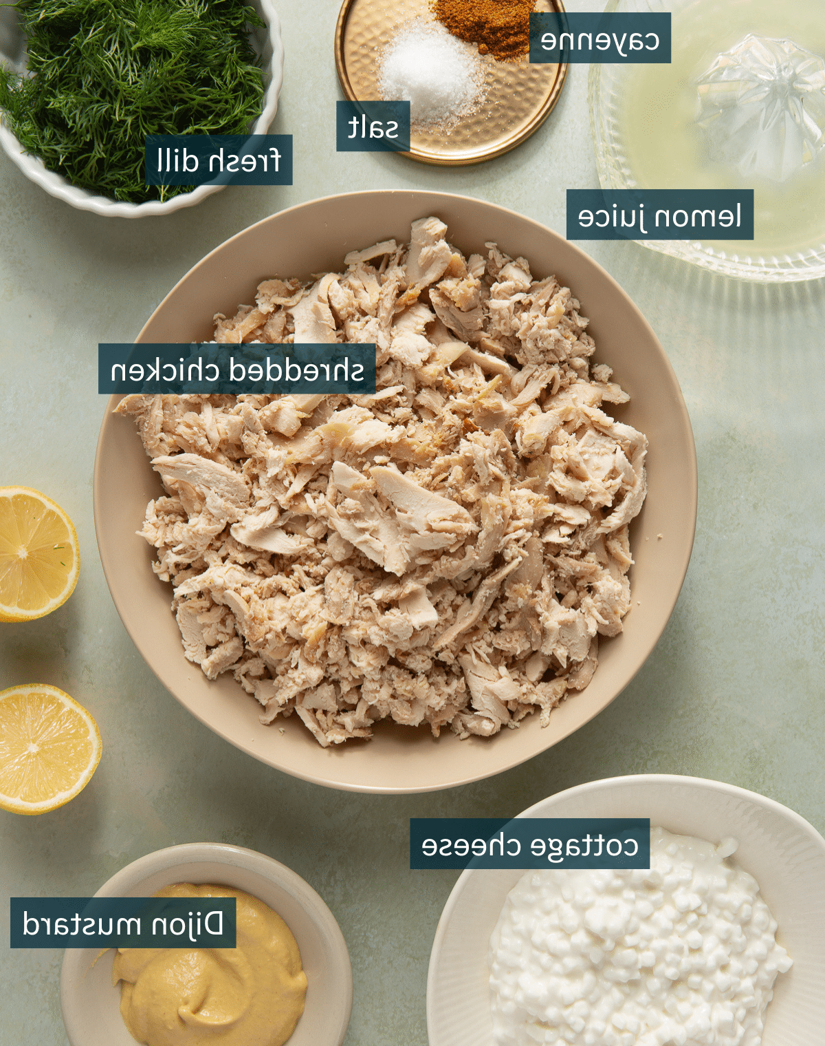 Zitronen-Dill-Hähnchensalat 3 Alle Zutaten für den Zitronen-Dill-Hähnchensalat in verschiedenen Schüsseln und auf Tellern auf einer hellgrünen Oberfläche.