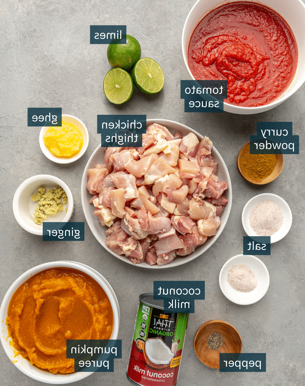 Zutaten für Kürbis-Curry in verschiedenen Schüsseln auf hellem Hintergrund.