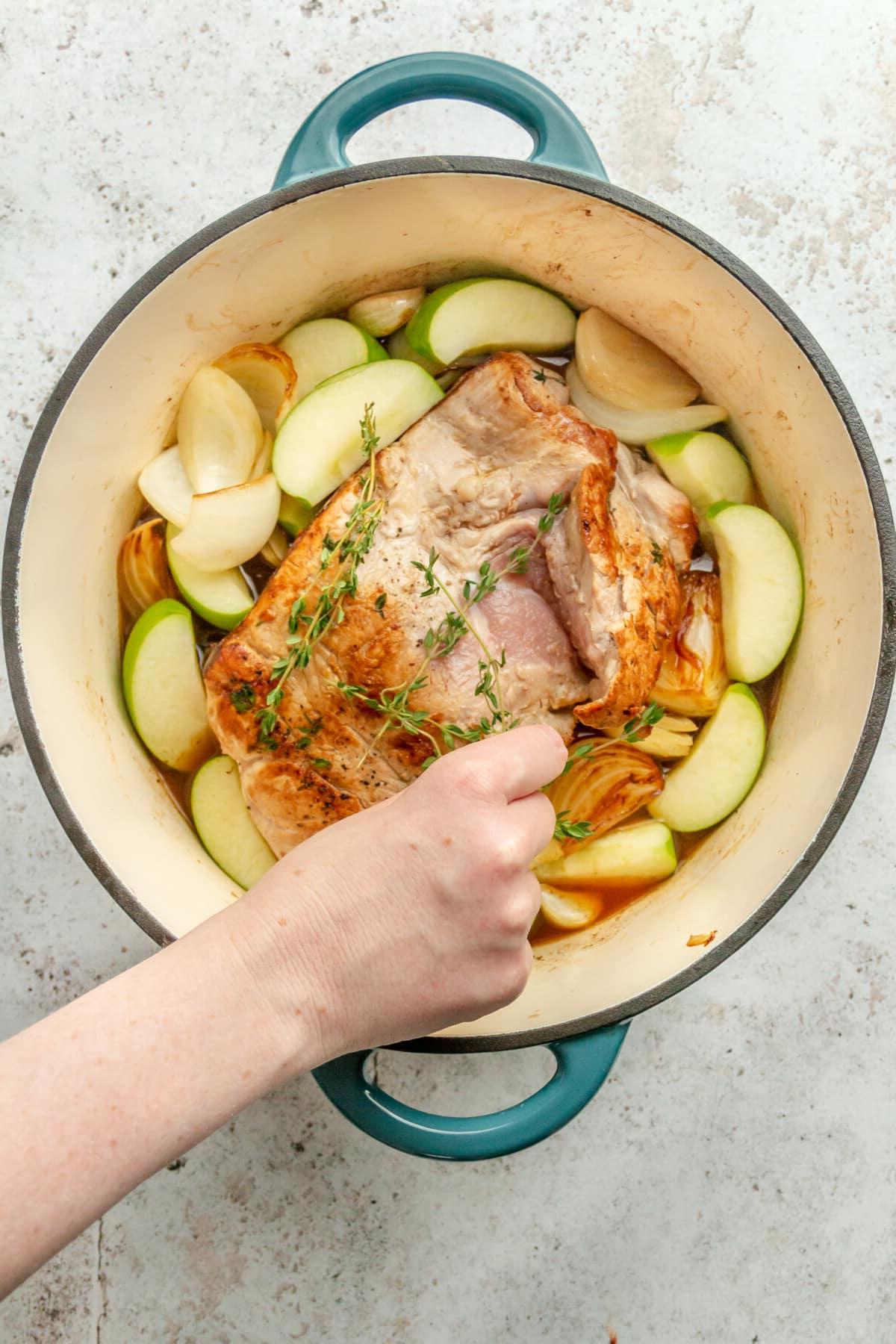 Apfelwein-Schweinebraten 7 Frischer Thymian wird auf Schweinefilet gelegt, umgeben von geviertelten Äpfeln und Zwiebeln in einem Bräter auf einer hellgrauen Oberfläche.