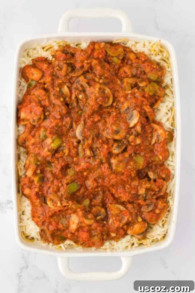 Hearty Vegetarian Spaghetti Bake 14 Vegetarian pasta sauce poured over spaghetti and cheese in a baking dish