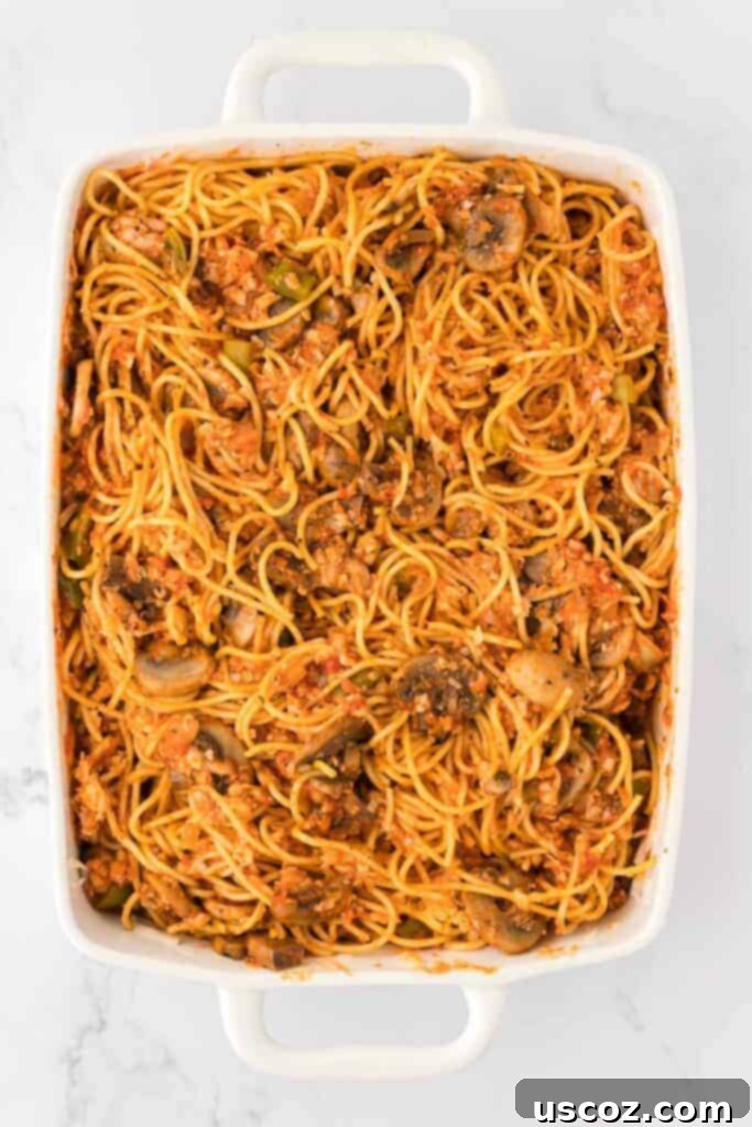 Hearty Vegetarian Spaghetti Bake 16 Spaghetti mixed thoroughly with sauce and vegetables in a casserole dish