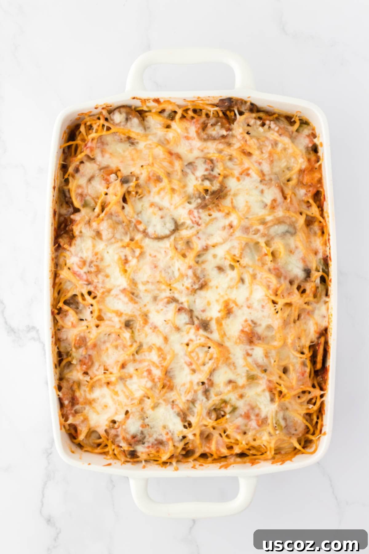 Hearty Vegetarian Spaghetti Bake 18 Freshly baked vegetarian spaghetti bubbling with melted cheese and a golden crust