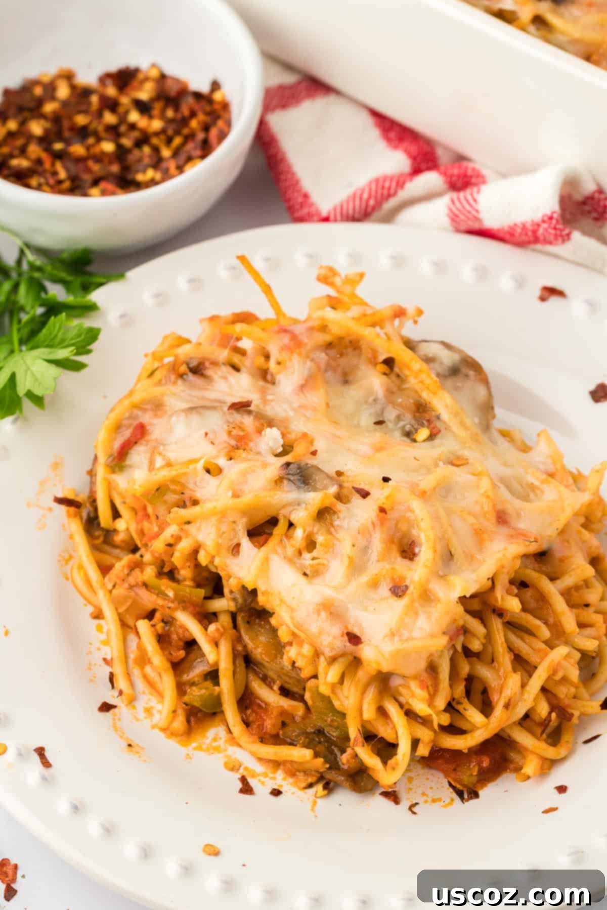 Hearty Vegetarian Spaghetti Bake 20 Overhead view of a hearty portion of vegetarian baked spaghetti in a serving dish, ready to be enjoyed