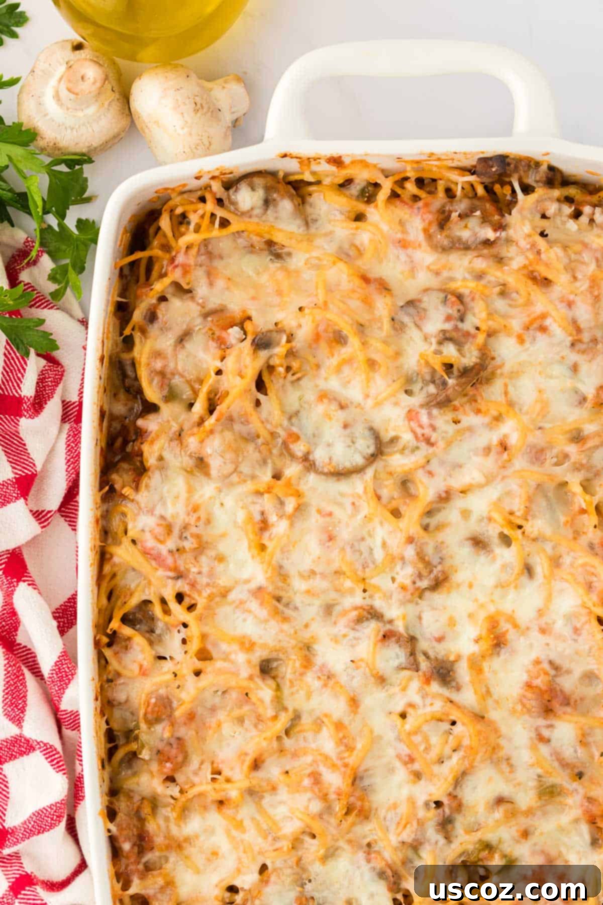 Hearty Vegetarian Spaghetti Bake 22 A close-up shot of vegetarian spaghetti bake in a casserole dish, ready to be served