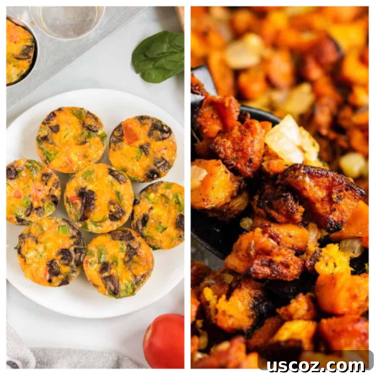 75 Delicious Vegetarian Meals 11 collage image showing egg muffin cups and sweet potato hash