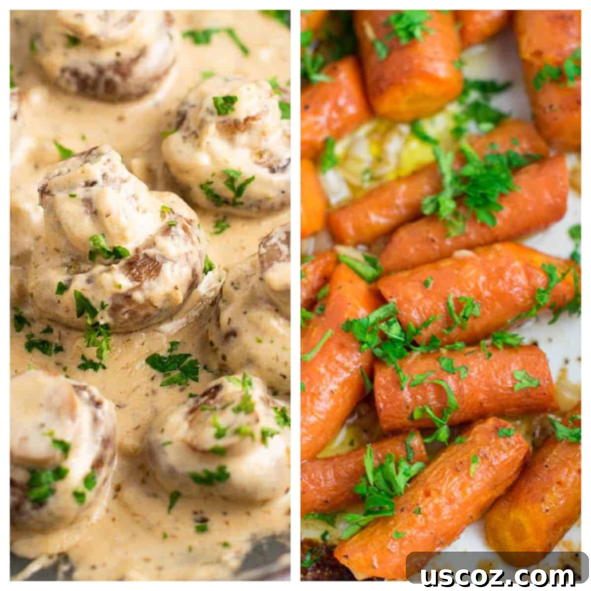 75 Delicious Vegetarian Meals 12 collage image showing creamy garlic mushrooms and garlic butter roasted carrots
