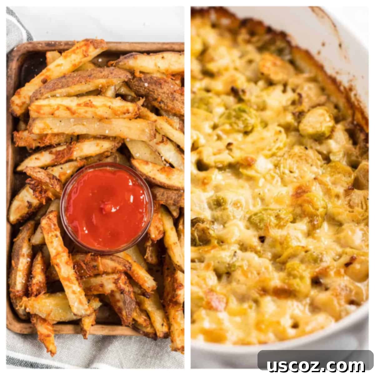 75 Delicious Vegetarian Meals 13 collage image with potato wedges and brussel sprouts gratin