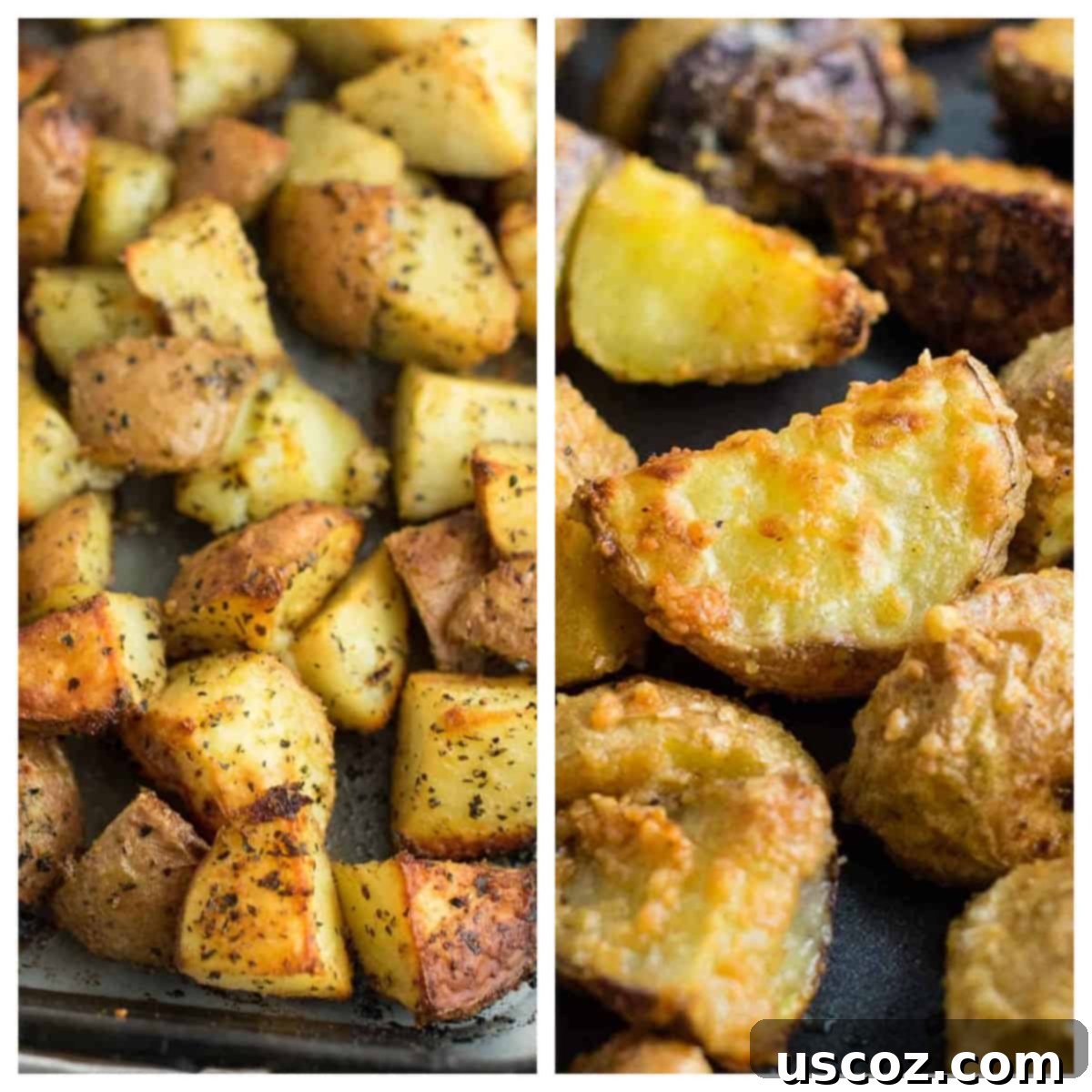75 Delicious Vegetarian Meals 14 collage image showing baby red potatoes and garlic parmesan potatoes