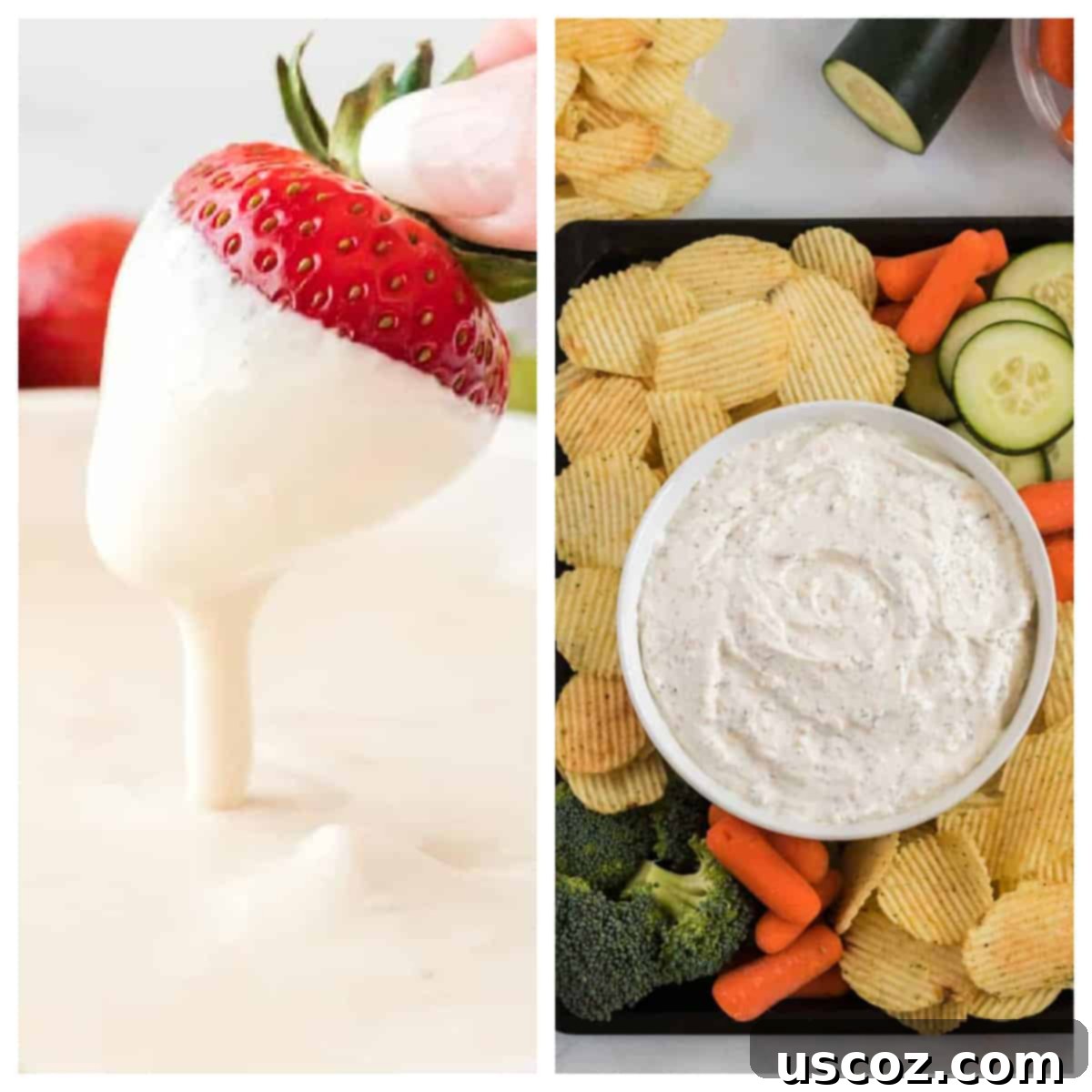 75 Delicious Vegetarian Meals 15 collage image showing fruit dip and chip dip