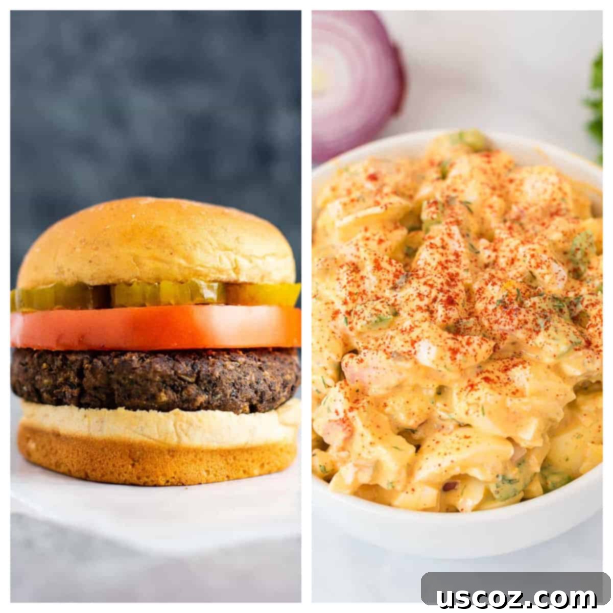 75 Delicious Vegetarian Meals 17 collage image showing a black bean burger and healthy egg salad