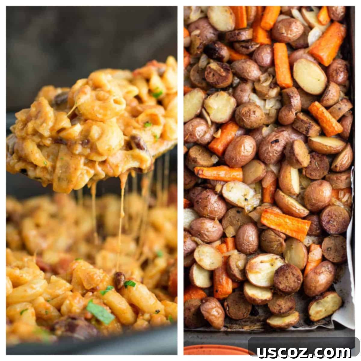 75 Delicious Vegetarian Meals 18 collage image showing slow cooker chili mac and a sheet pan vegetarian dinner