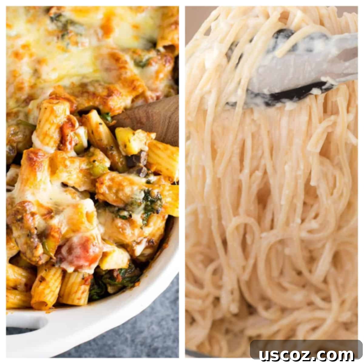 75 Delicious Vegetarian Meals 4 collage image showing veggie lover's pasta bake and cream cheese pasta