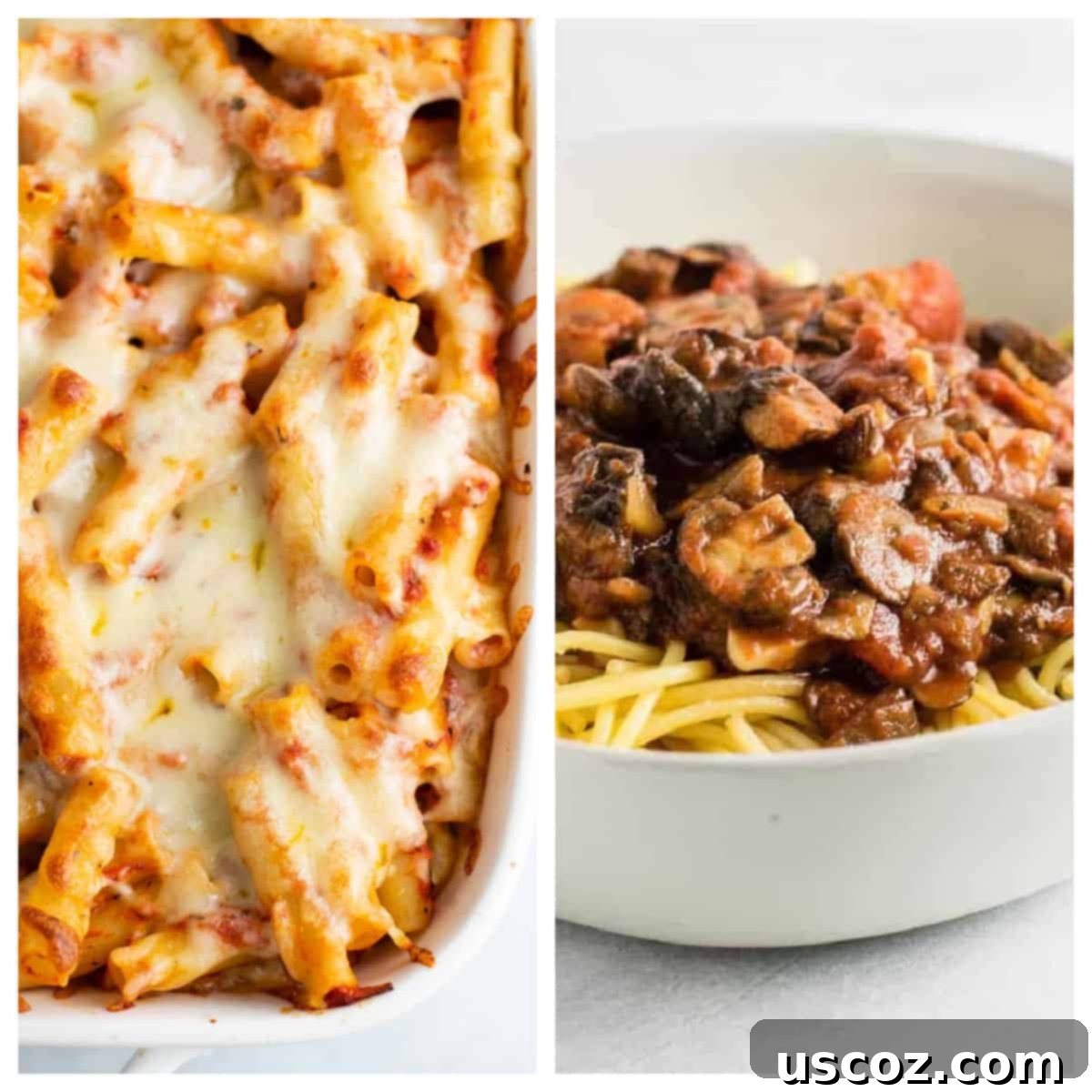 75 Delicious Vegetarian Meals 5 collage image showing vegetarian baked ziti and meatless spaghetti sauce