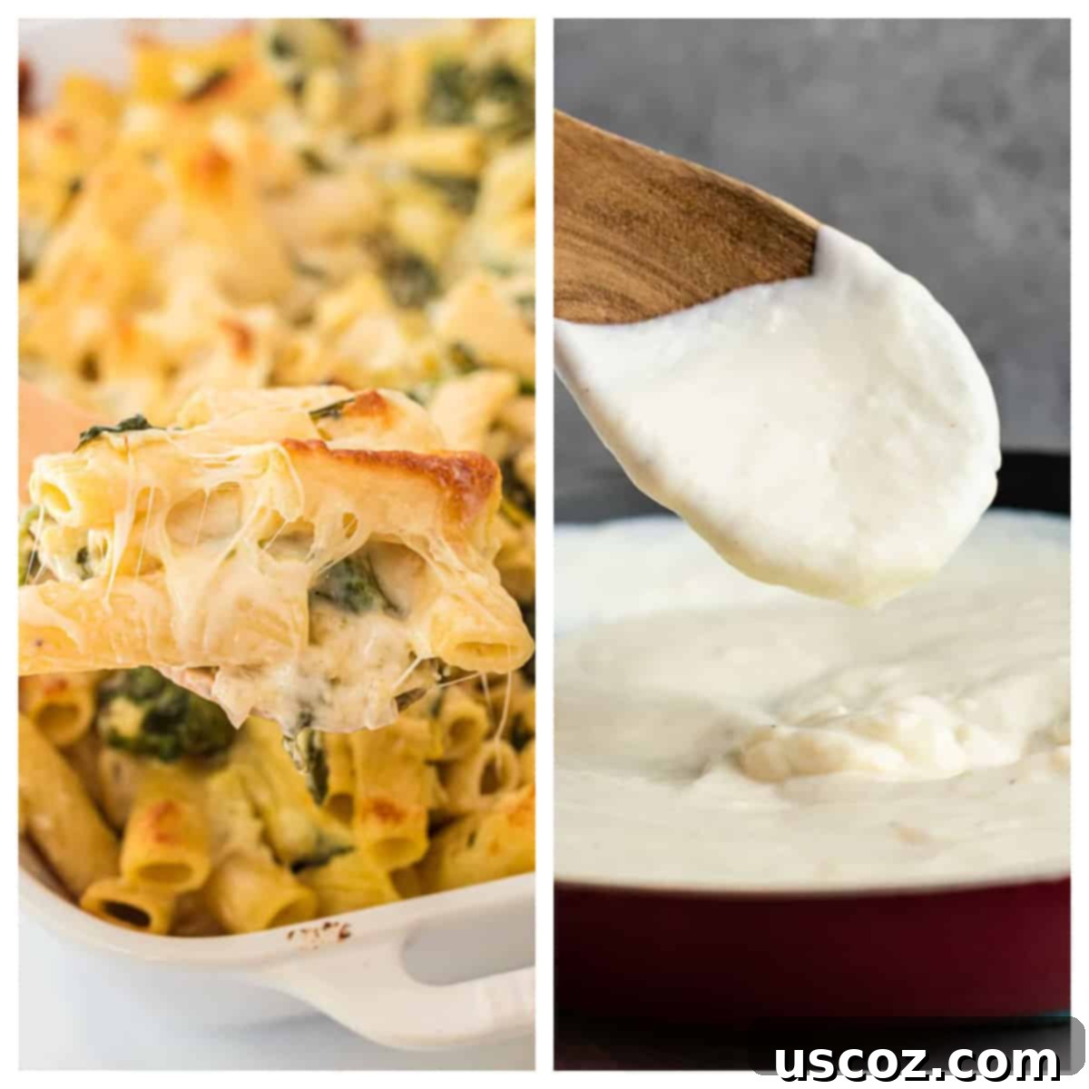 75 Delicious Vegetarian Meals 6 collage image showing spinach artichoke pasta bake and cauliflower alfredo sauce