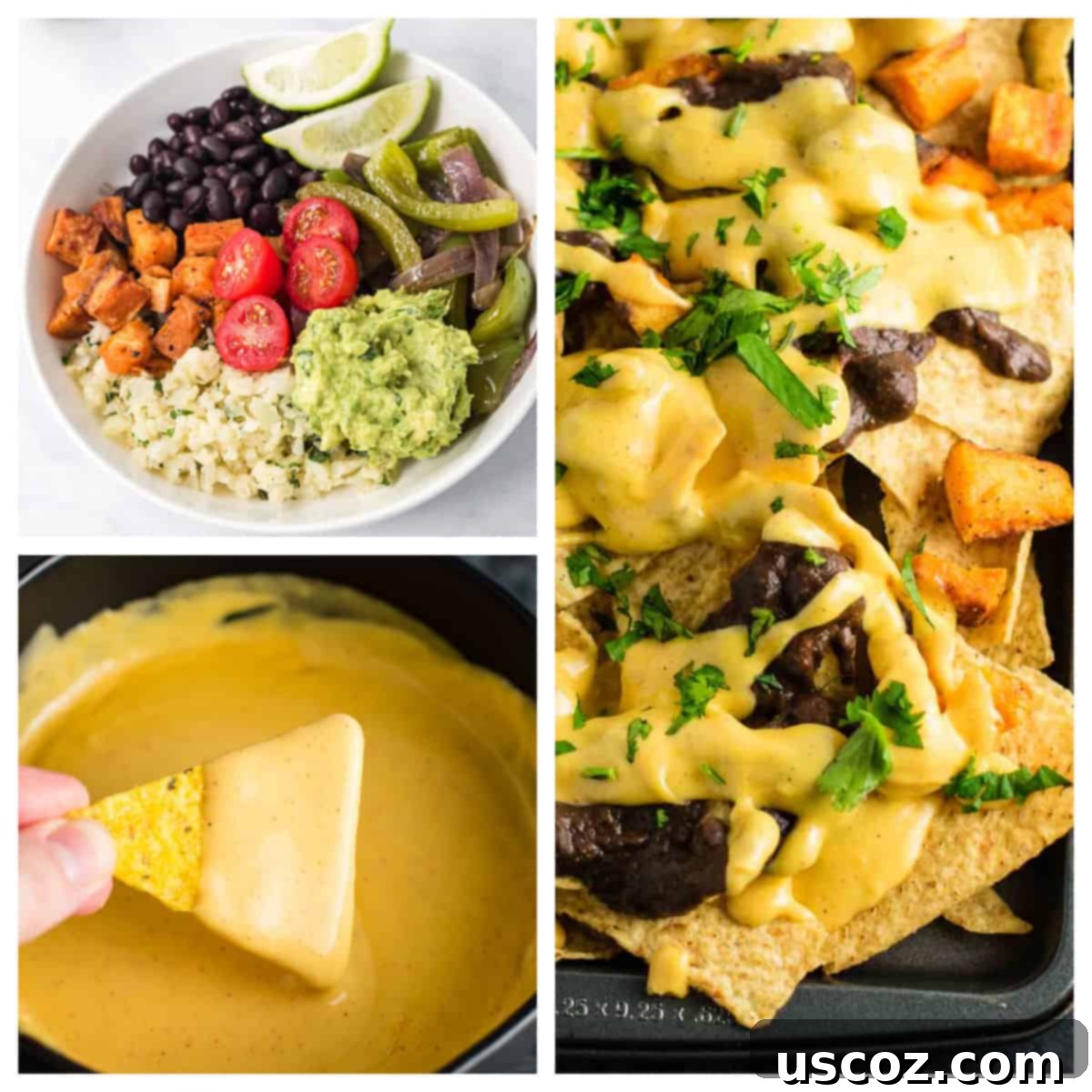 75 Delicious Vegetarian Meals 8 collage image showing a burrito bowl, nacho cheese sauce, and a sheet pan of nachos