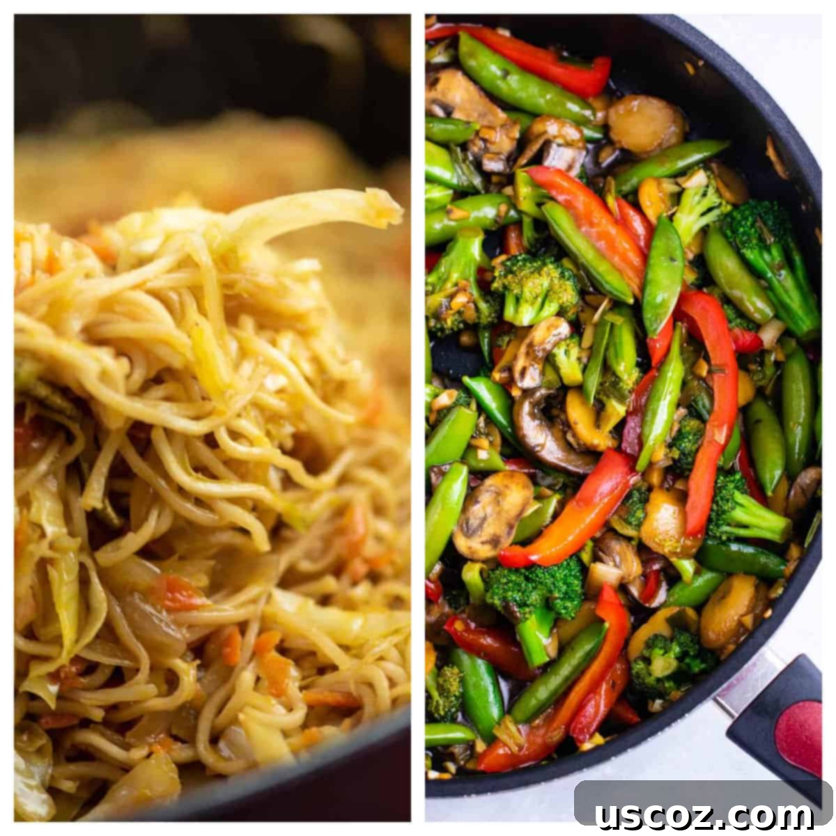 75 Delicious Vegetarian Meals 9 collage image showing cabbage stir fry and stir fry vegetables