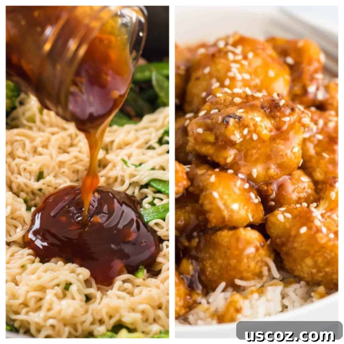 75 Delicious Vegetarian Meals 10 collage image showing teriyaki sauce and orange cauliflower