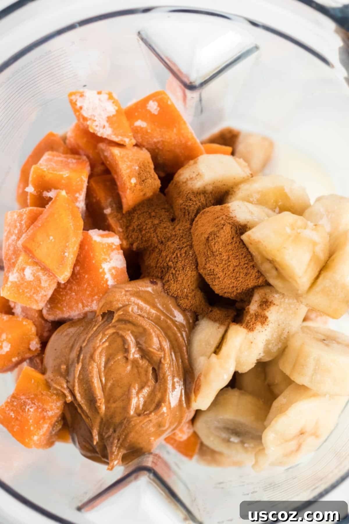 sweet potato smoothie ingredients inside the blender