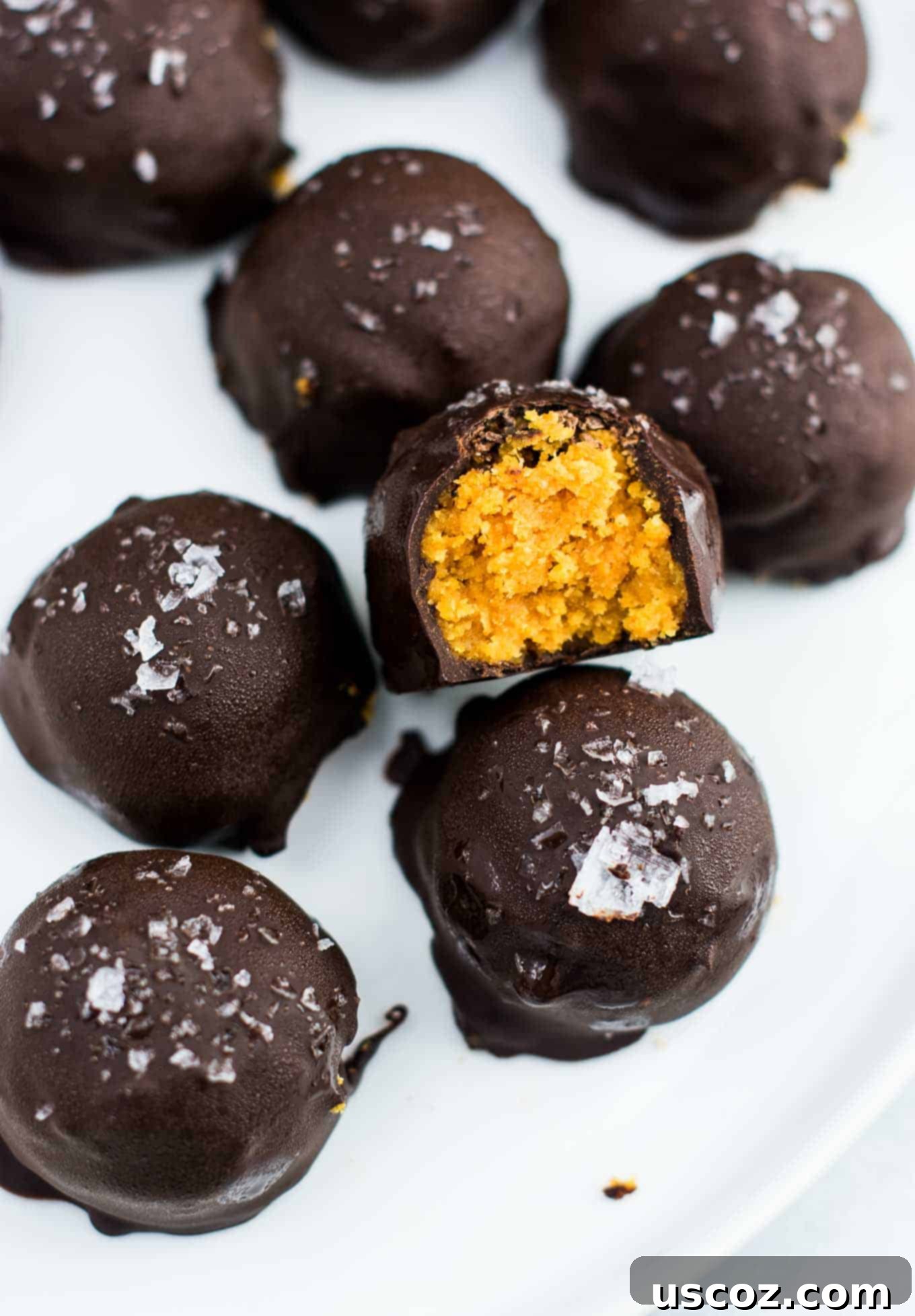 Bittersweet Pumpkin Spice Truffles 9 Recipe card image: Dark chocolate pumpkin truffles (vegan, gluten free) with text: These taste AMAZING! Made with coconut flour and dark chocolate chunks. This needs to be your next pumpkin dessert! #pumpkintruffles #pumpkin #nobake #vegan #glutenfree #dessert