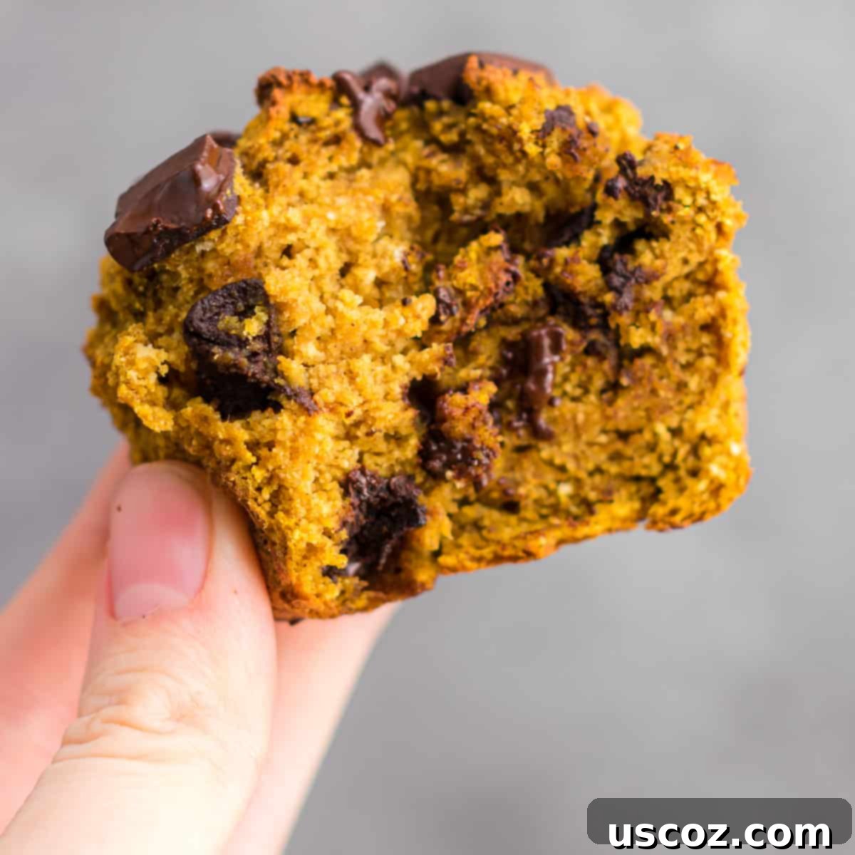 Perfectly Spiced Gluten-Free Pumpkin Muffins 2 holding a gluten free pumpkin muffin