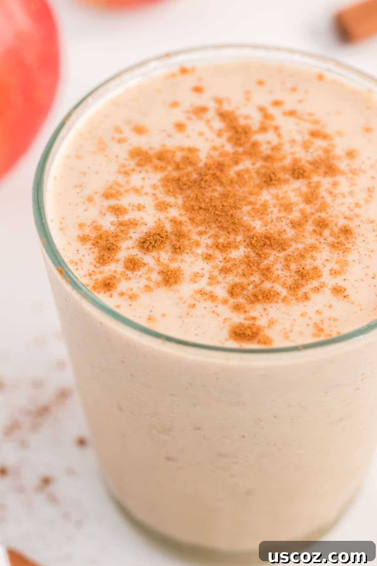 Liquid Apple Pie 10 An inviting glass of apple pie smoothie, garnished with a sprinkle of cinnamon, ready to be enjoyed as a refreshing and healthy treat