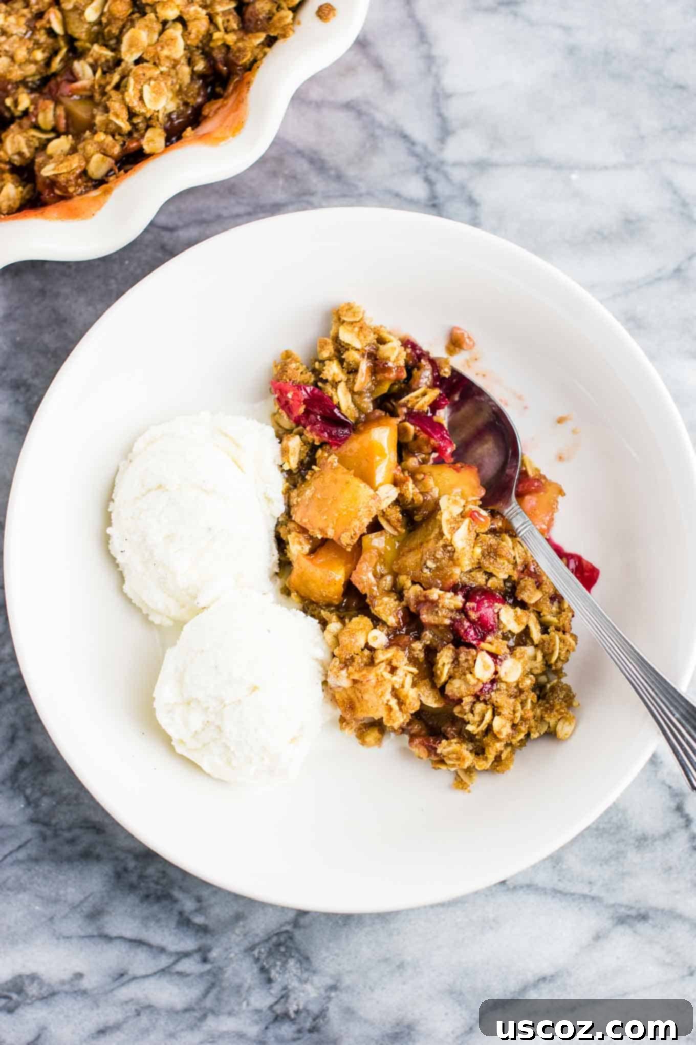 Spiced Cranberry Apple Crumble 7 Individual serving of cranberry apple crisp in a bowl with a scoop of vanilla ice cream, ready to be enjoyed.