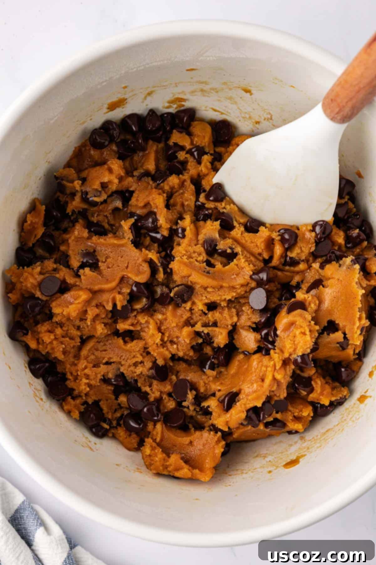 Cozy Vegan Pumpkin Chocolate Chip Cookies 12 Finished vegan pumpkin chocolate chip cookie batter, rich with chocolate.