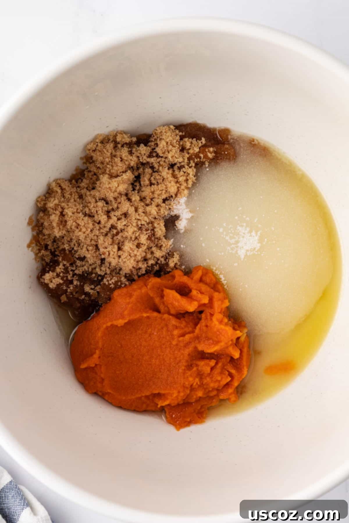 Cozy Vegan Pumpkin Chocolate Chip Cookies 7 Wet ingredients including pumpkin puree, sugars, and melted vegan fats in a mixing bowl.