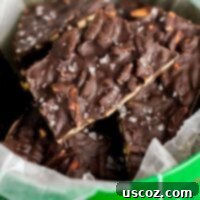 Dark chocolate almond bark studded with almonds, beautifully presented in a festive Christmas tin, ready for holiday gifting.