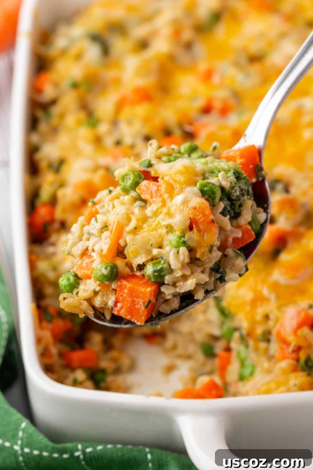 Hearty Veggie Rice Bake 16 Generous serving of cheesy vegetable rice casserole on a plate