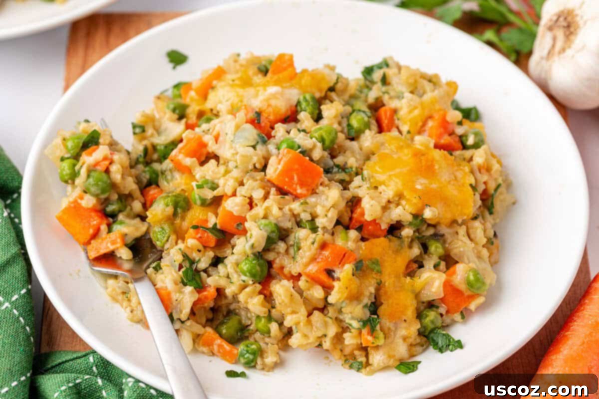 Hearty Veggie Rice Bake 17 Overhead view of a perfectly baked cheesy vegetable rice casserole
