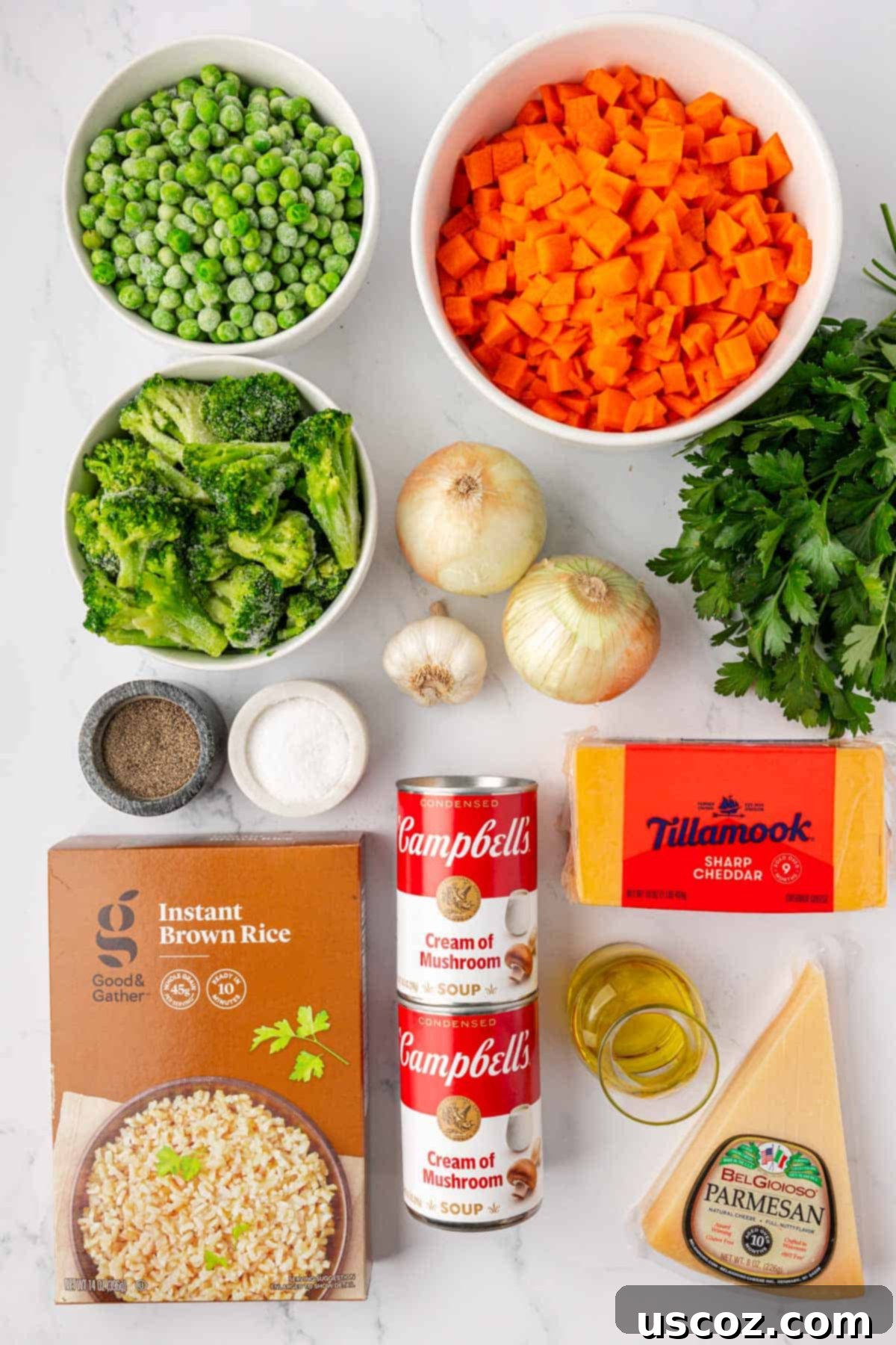 Hearty Veggie Rice Bake 4 Assortment of fresh and frozen ingredients for making vegetable rice casserole