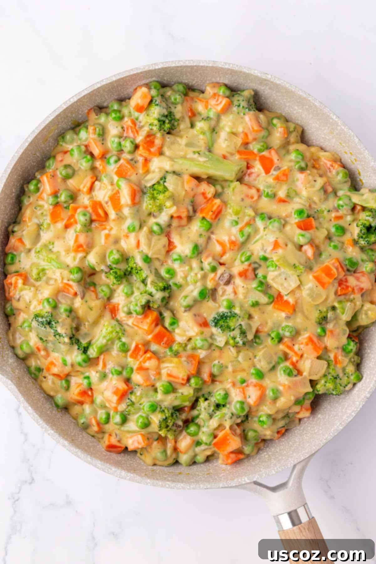 Hearty Veggie Rice Bake 9 Creamy mixture of vegetables, soup, and melted cheese in a skillet