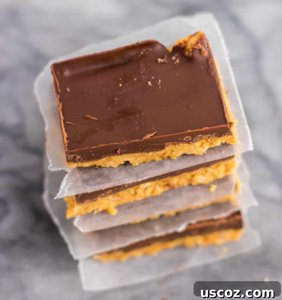 Easy No-Bake Chocolate Peanut Butter Bars 3 Close-up of freshly made no-bake chocolate peanut butter bars, showcasing their smooth chocolate layer and peanut butter base.