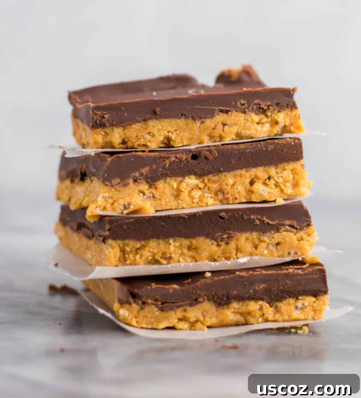 Easy No-Bake Chocolate Peanut Butter Bars 4 A close-up of a single no-bake chocolate peanut butter bar with a bite taken out, revealing its two delicious layers.