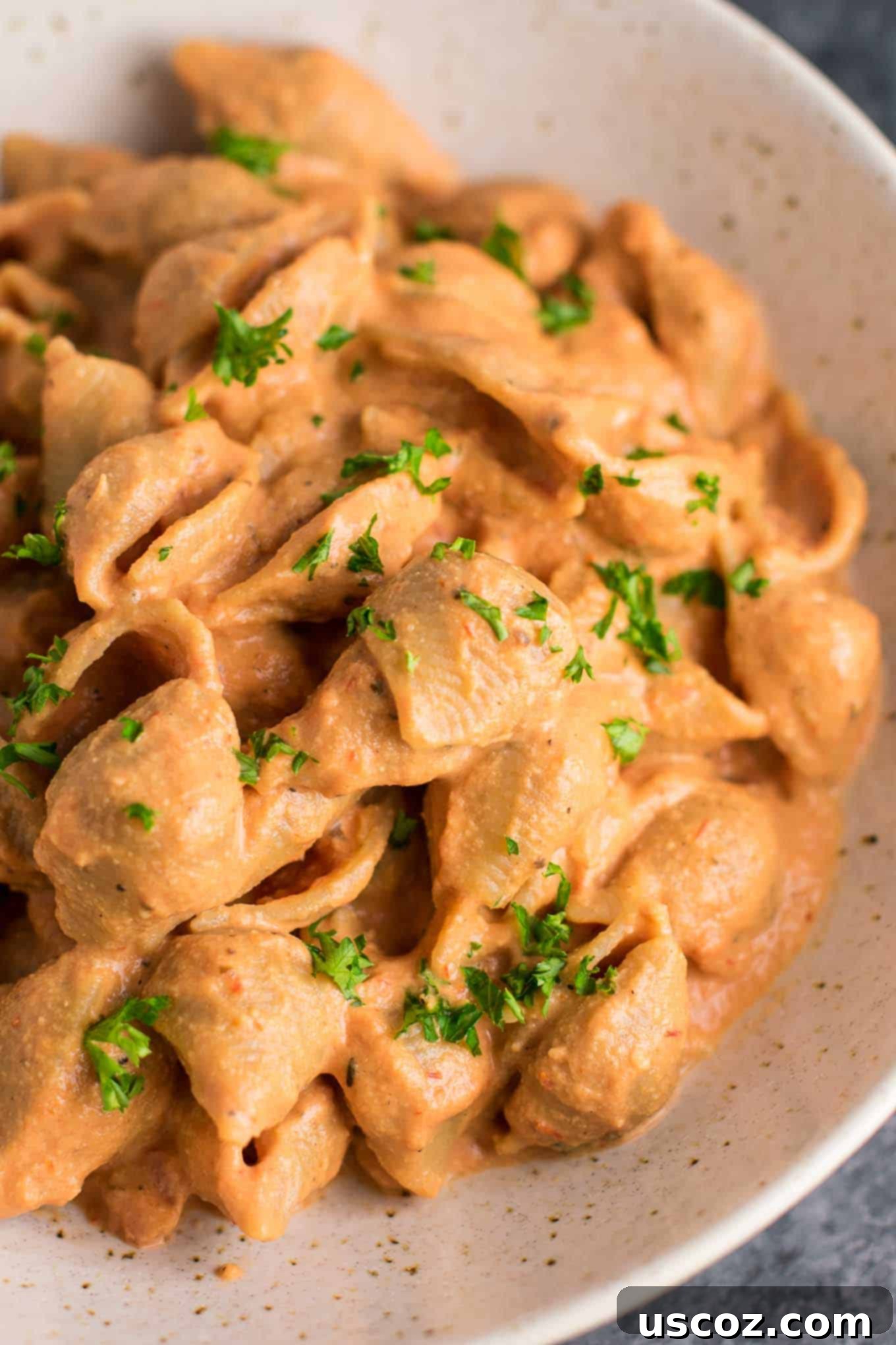 25 Incredible Vegan Recipes 22 Creamy Tomato Shells are the ultimate vegan comfort food. Made with whole wheat pasta, and naturally creamy thanks to cashews and almond milk. You won’t believe how good this tastes! #vegan #creamsauce #creamytomatoshells #veganrecipe