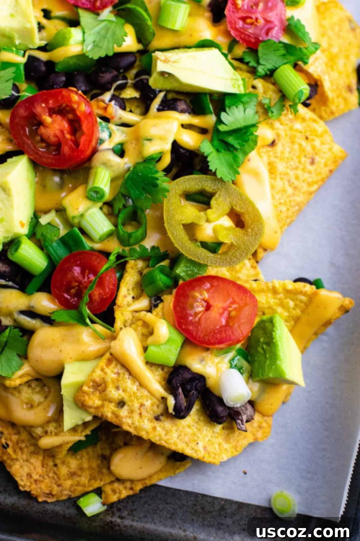 Epic Plant-Based Nachos 2 Loaded veggie nachos topped with homemade nacho cheese sauce. These are amazing! #veggienachos #vegetarian #nachocheese #nachocheesesauce