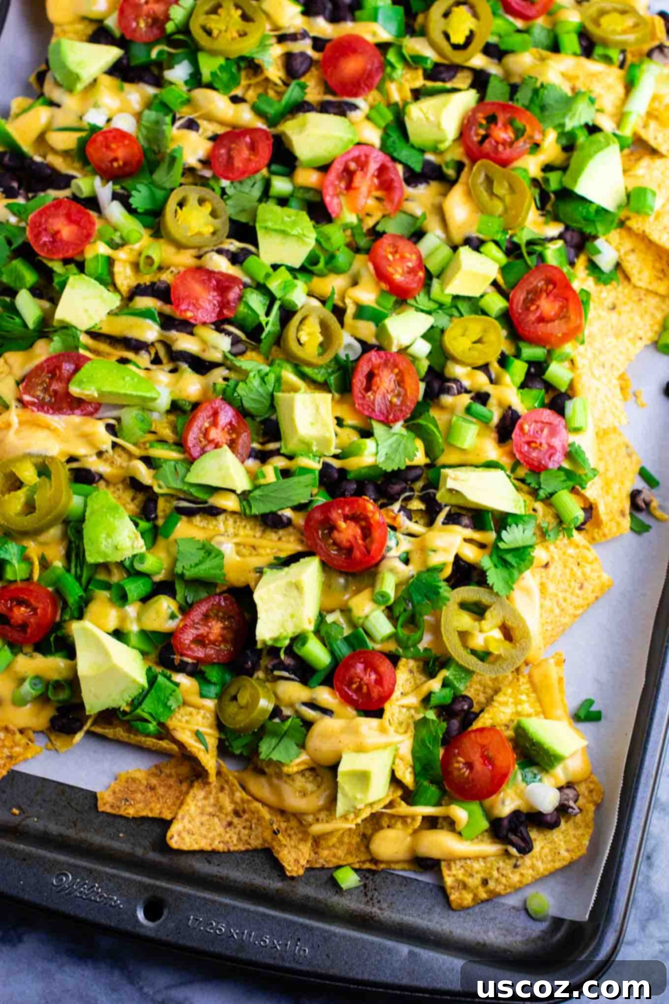 Epic Plant-Based Nachos 3 Loaded veggie nachos topped with homemade nacho cheese sauce. These are amazing! #veggienachos #vegetarian #nachocheese #nachocheesesauce