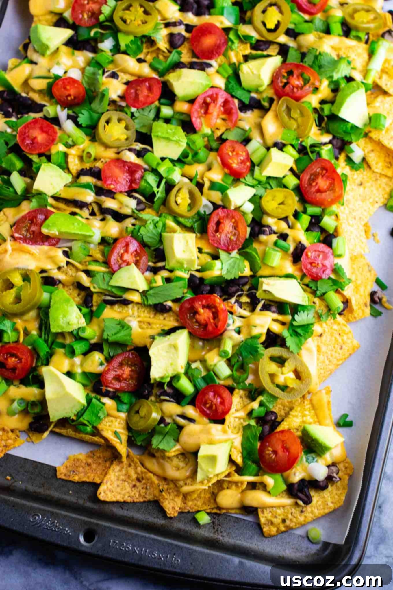 Epic Plant-Based Nachos 7 Loaded veggie nachos topped with homemade nacho cheese sauce. These are amazing! #veggienachos #vegetarian #nachocheese #nachocheesesauce