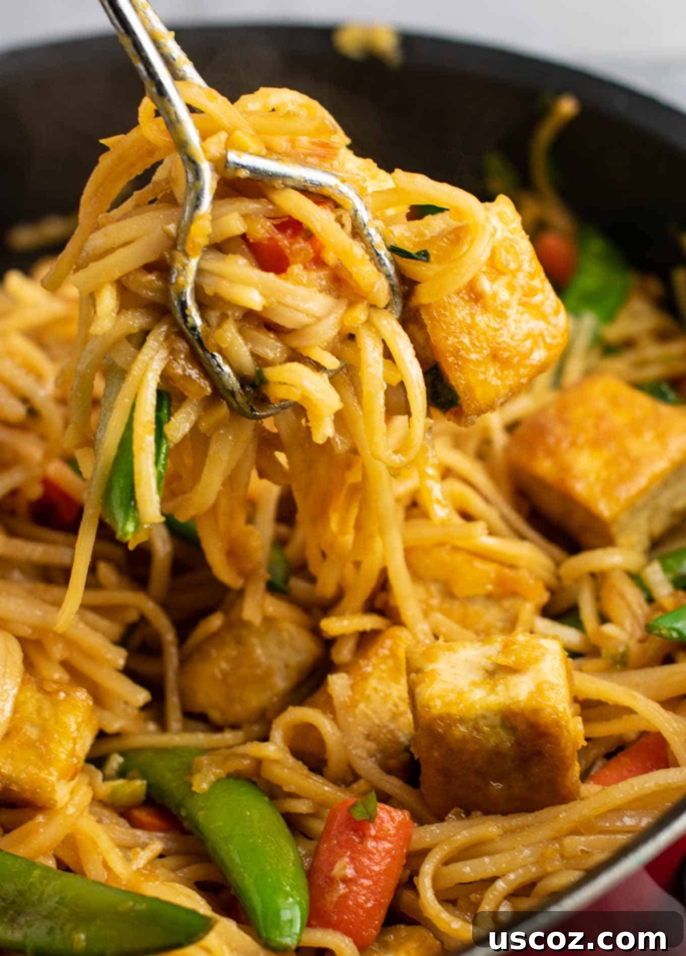Vibrant Tofu Noodle Stir-Fry 8 A hearty serving of gluten-free tofu noodle stir fry, garnished with fresh green onions and sesame seeds.