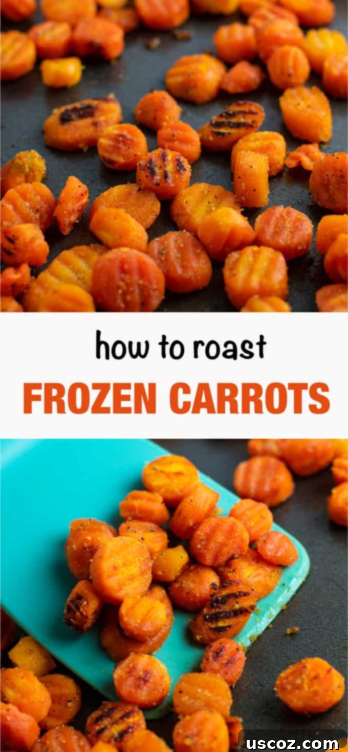 Simple & Delicious Frozen Carrot Dishes 10 Image with text "how to roast frozen carrots" and a picture of roasted carrots on a baking sheet, prompting users to learn the recipe.