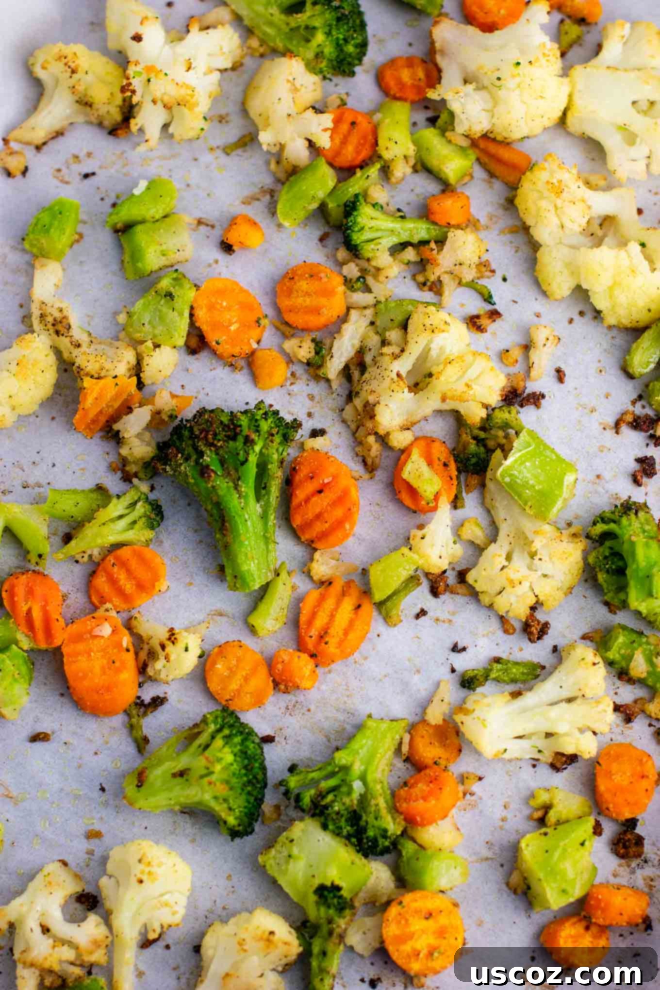 Easy Roasted Frozen Vegetables 4 frozen roasted mixed vegetables from an overhead view