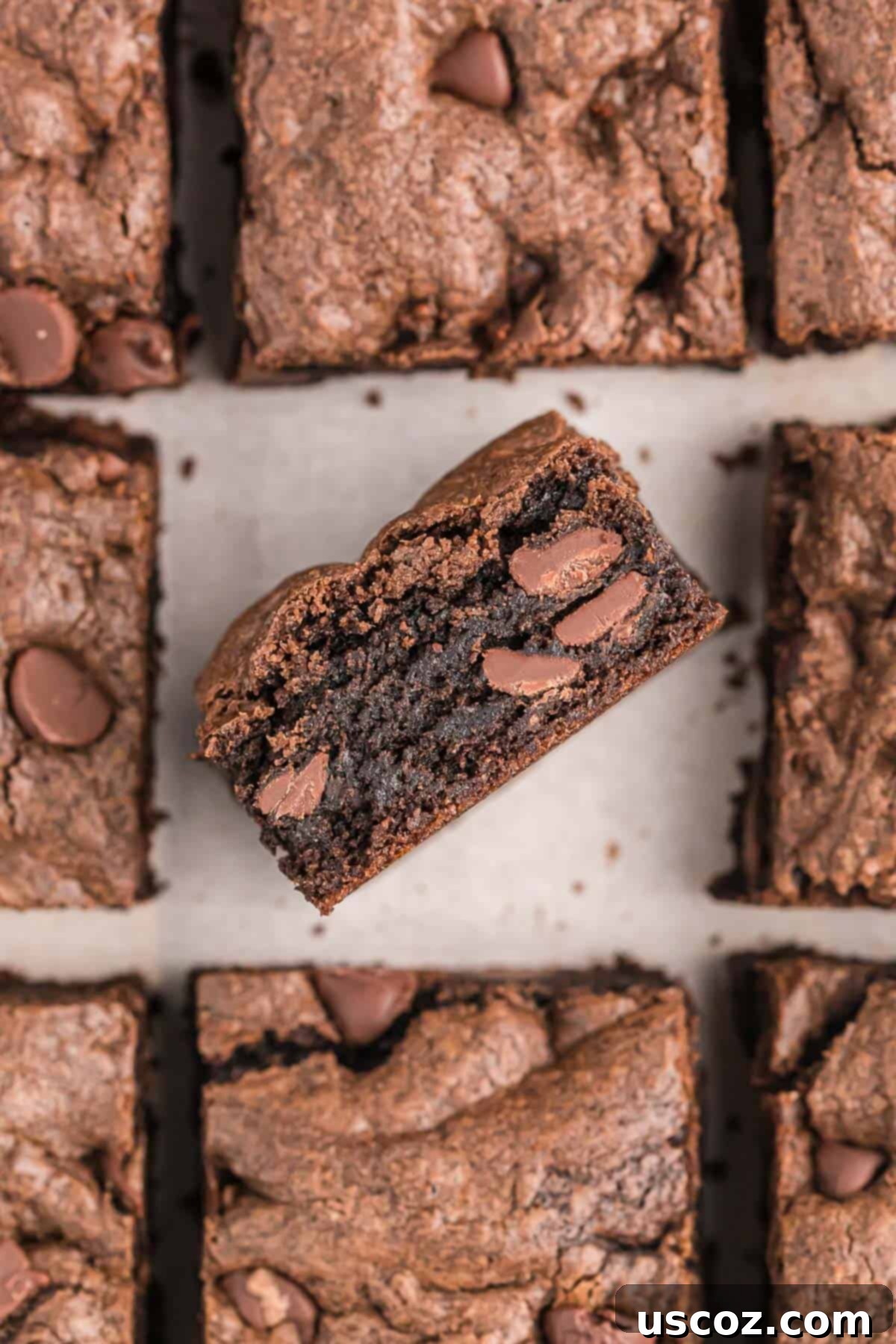 Easy Cake Mix Brownies 3 Close-up of fudgy cake mix brownies with a crinkly top