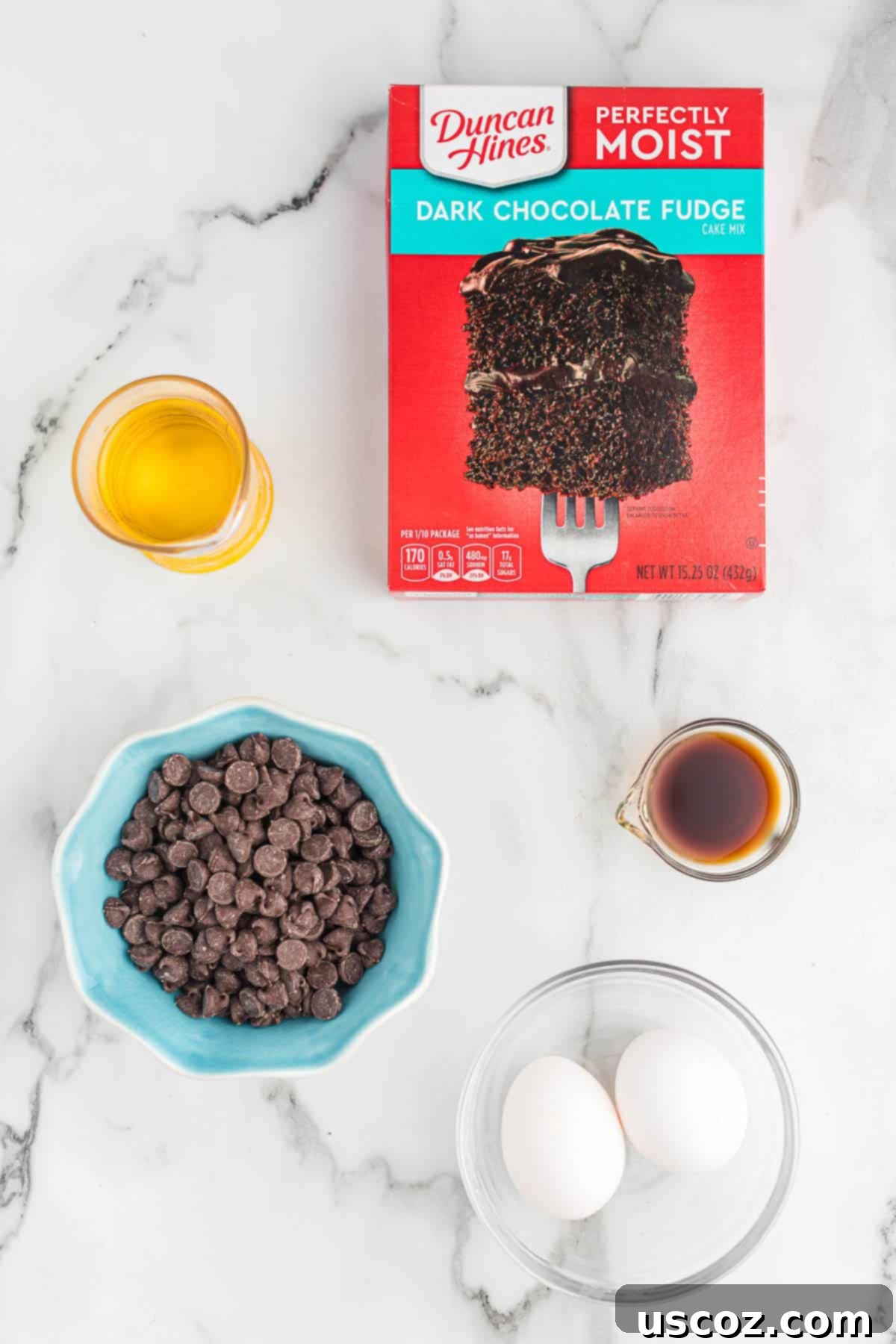 Easy Cake Mix Brownies 4 A flat lay of ingredients needed to make cake mix brownies: a box of chocolate cake mix, a bottle of oil, eggs, vanilla extract, and a bowl of chocolate chips.