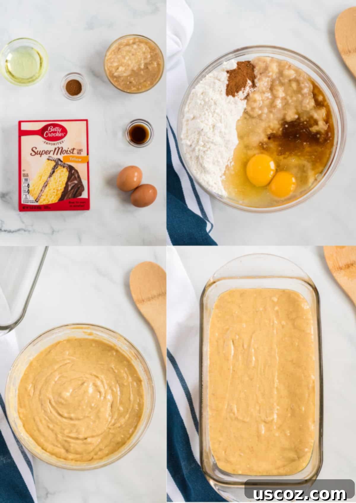 Effortless Cake Mix Banana Bread 5 Step-by-step images showing ingredients, batter mixed in a bowl, and batter poured into a baking loaf pan.