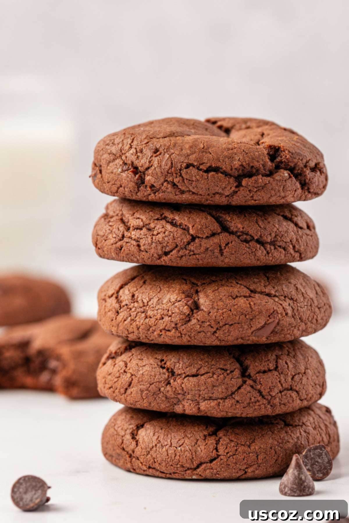 Decadent Chocolate Cake Mix Cookies 2 chocolate cake mix cookies stacked high on a plate, showcasing their soft texture and chocolate chips