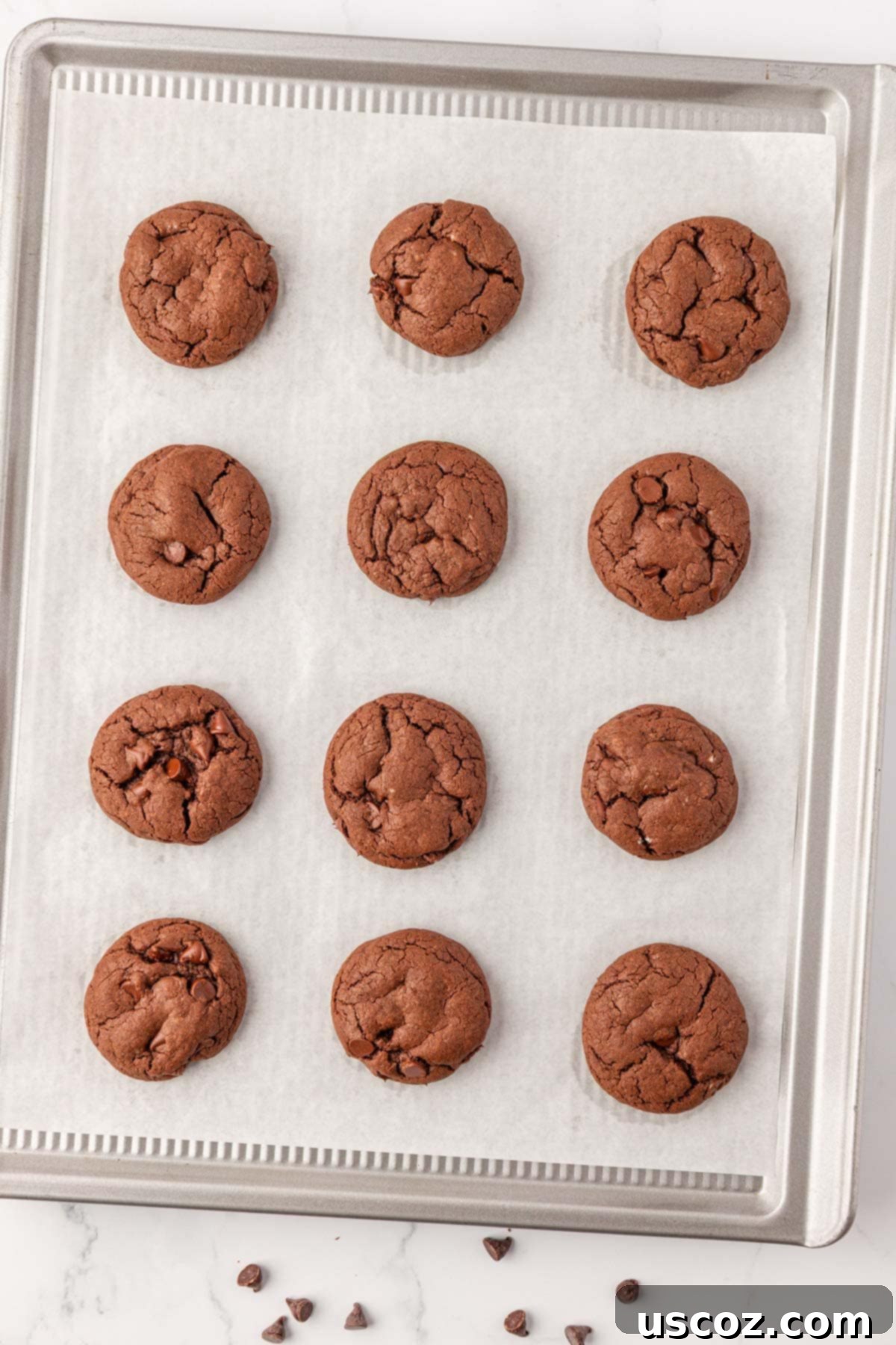 Decadent Chocolate Cake Mix Cookies 11 chocolate cake mix cookies baking on a sheet, showing slight browning around the edges
