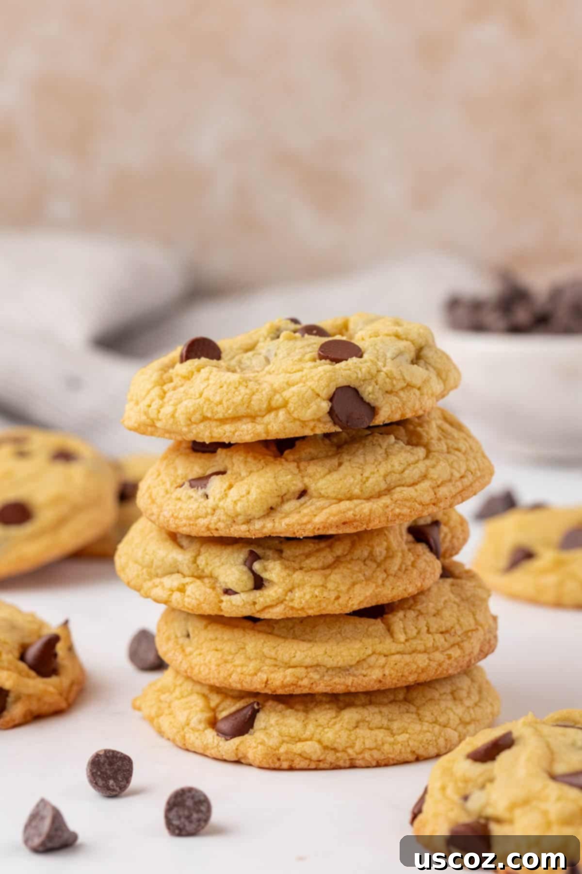 Shortcut Chocolate Chip Cookies 2 Stacked homemade cake mix chocolate chip cookies, showing their gooey centers and melted chocolate chips.